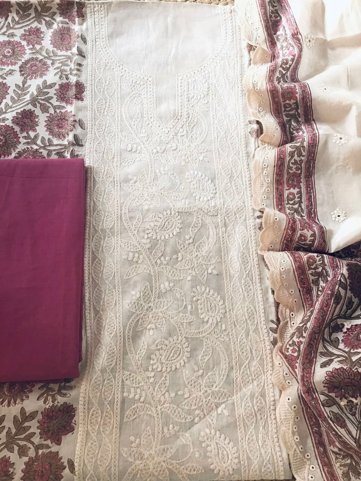 Pure Maheshwari Block Printed Embroidered Suit - Cream