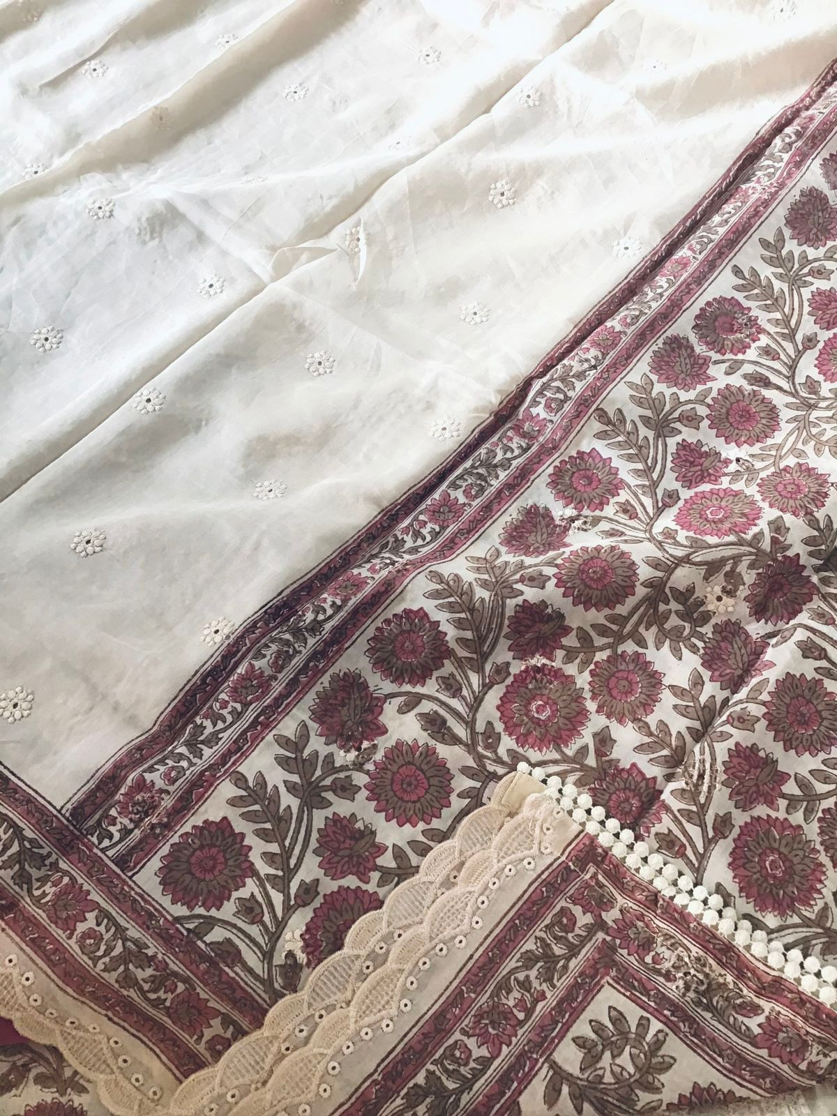 Pure Maheshwari Block Printed Embroidered Suit - Cream