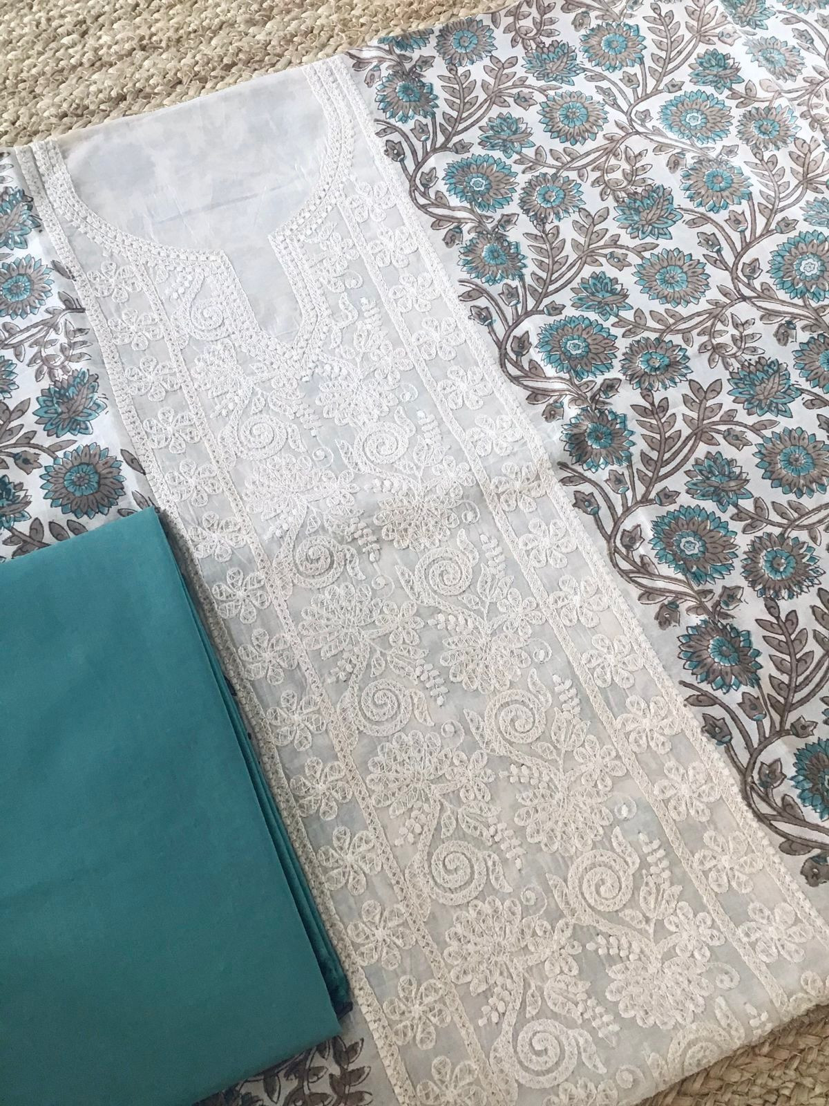 Pure Maheshwari Block Printed Embroidered Suit - Cream