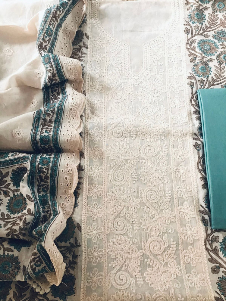 Image of Pure Maheshwari Block Printed Embroidered Suit - Cream