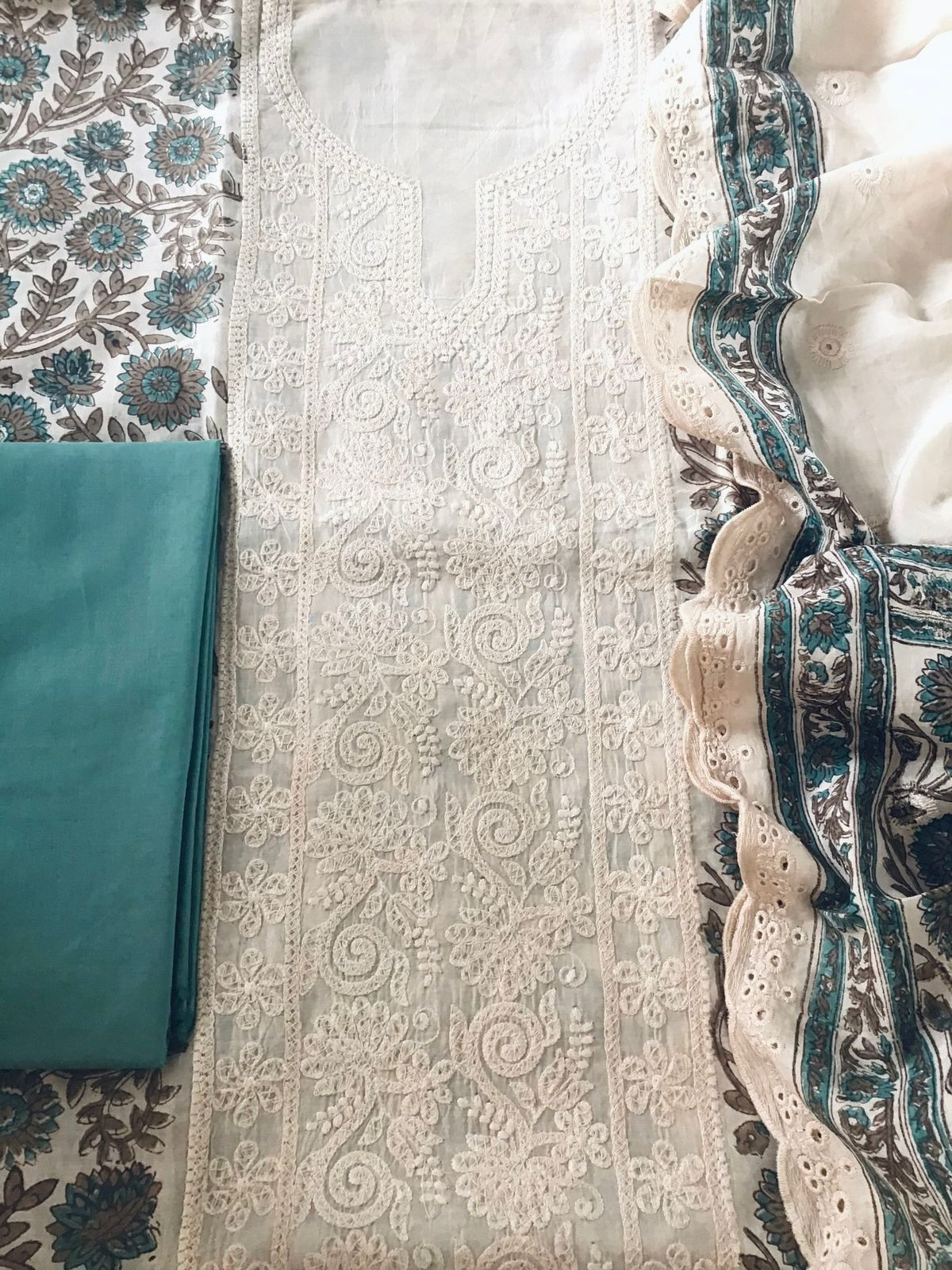 Pure Maheshwari Block Printed Embroidered Suit - Cream