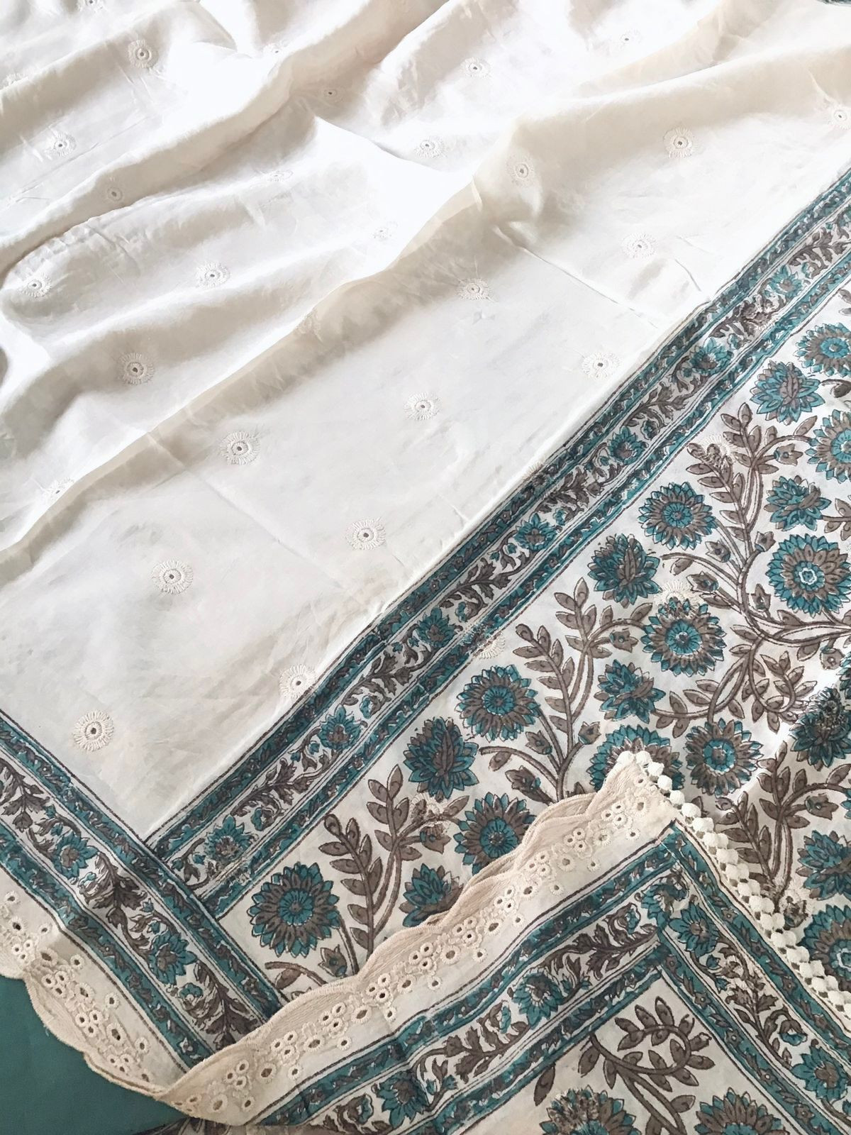 Pure Maheshwari Block Printed Embroidered Suit - Cream