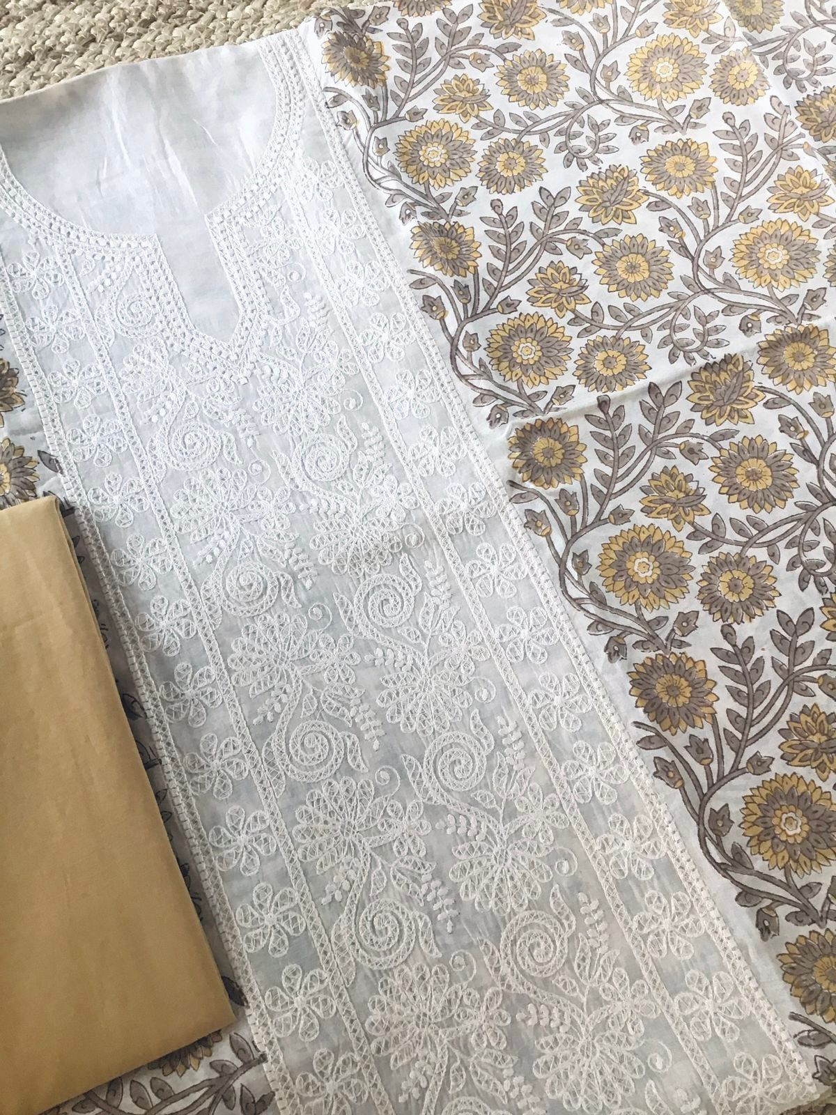 Pure Maheshwari Block Printed Embroidered Suit - Cream