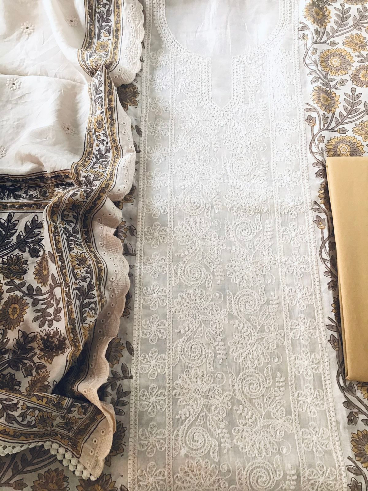 Pure Maheshwari Block Printed Embroidered Suit - Cream