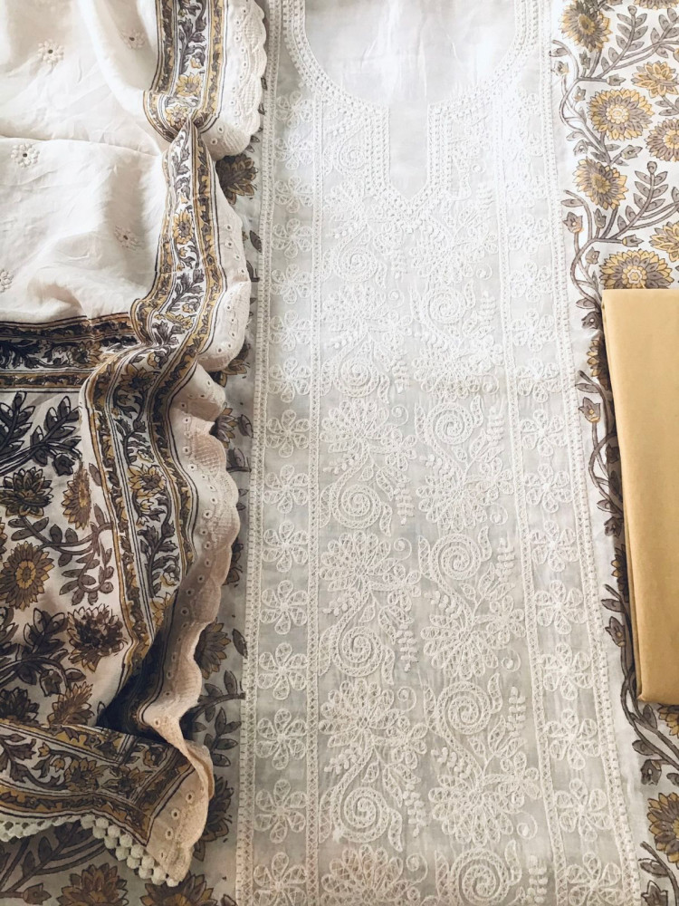 Image of Pure Maheshwari Block Printed Embroidered Suit - Cream