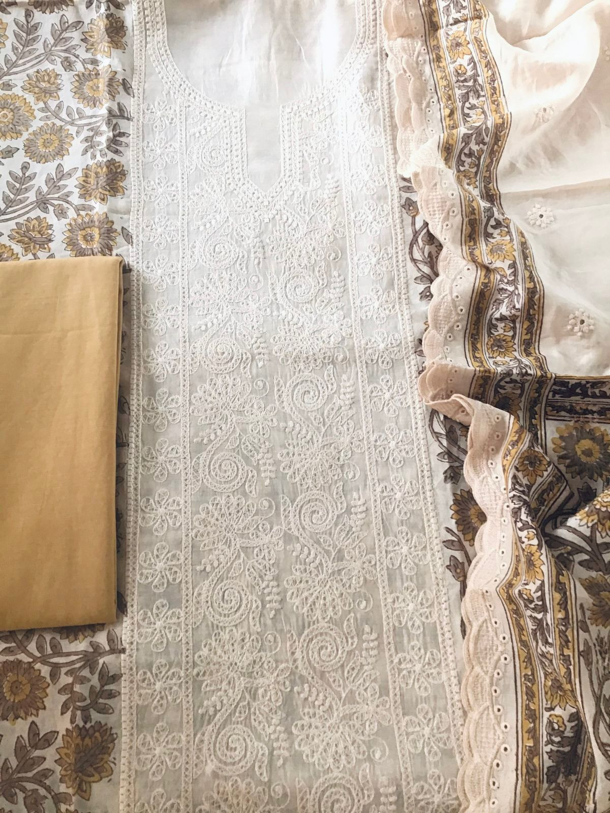 Pure Maheshwari Block Printed Embroidered Suit - Cream