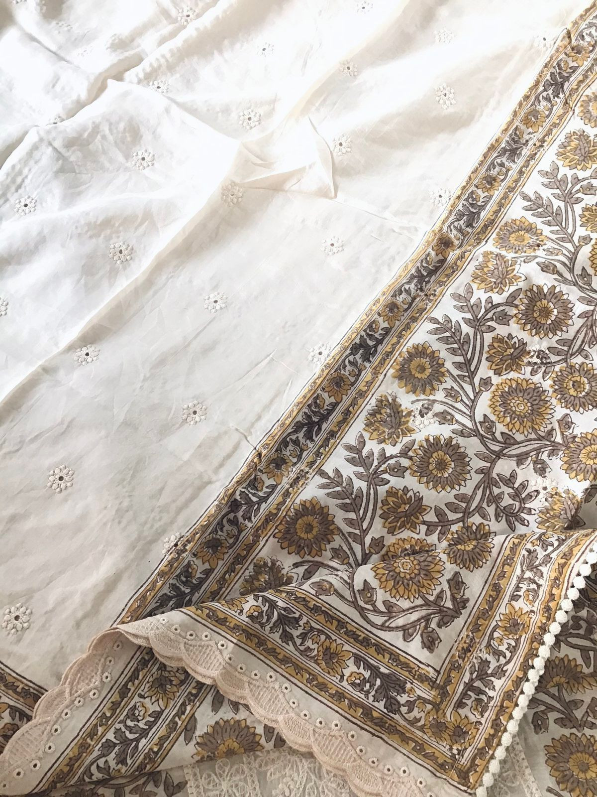 Pure Maheshwari Block Printed Embroidered Suit - Cream