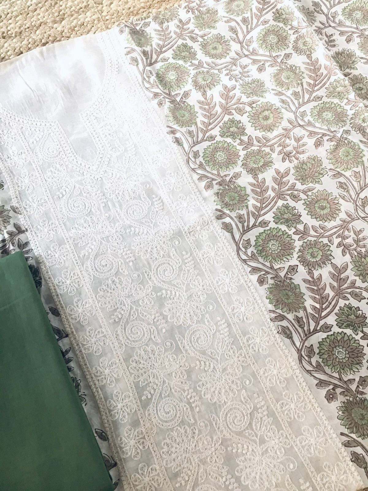 Pure Maheshwari Block Printed Embroidered Suit - Cream