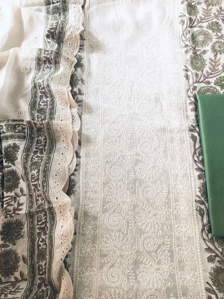 Image of Pure Maheshwari Block Printed Embroidered Suit - Cream