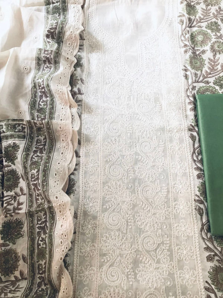 Image of Pure Maheshwari Block Printed Embroidered Suit - Cream