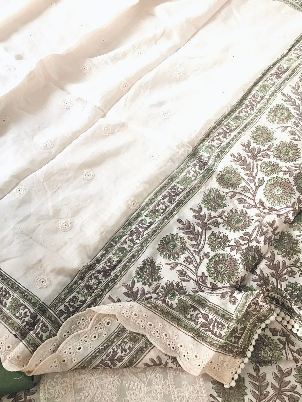 Pure Maheshwari Block Printed Embroidered Suit - Cream