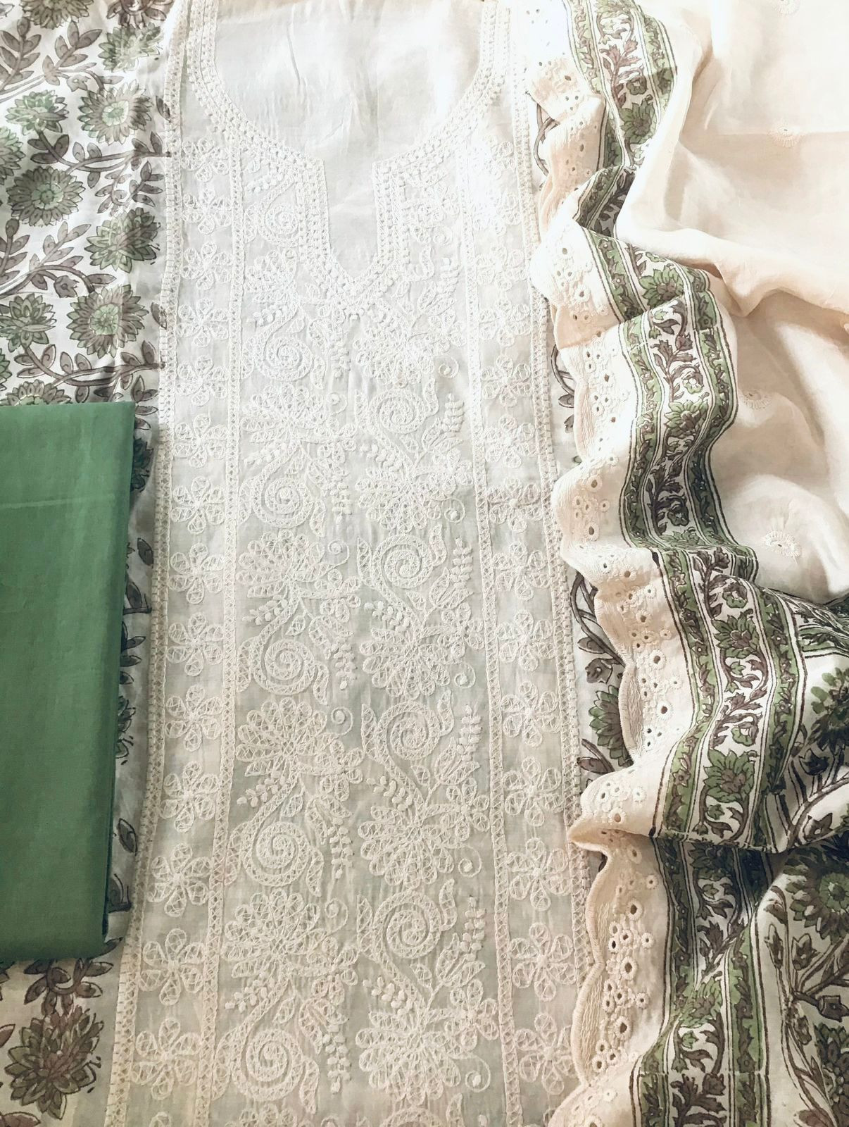 Pure Maheshwari Block Printed Embroidered Suit - Cream