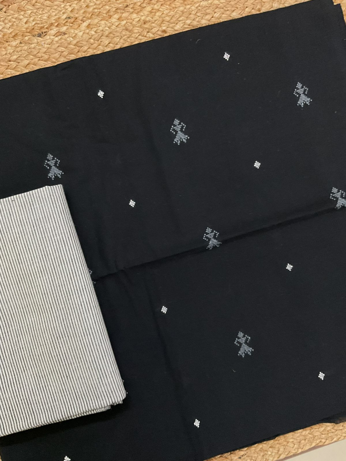 Pure Handloom Cotton Self Weaved Suit - Black