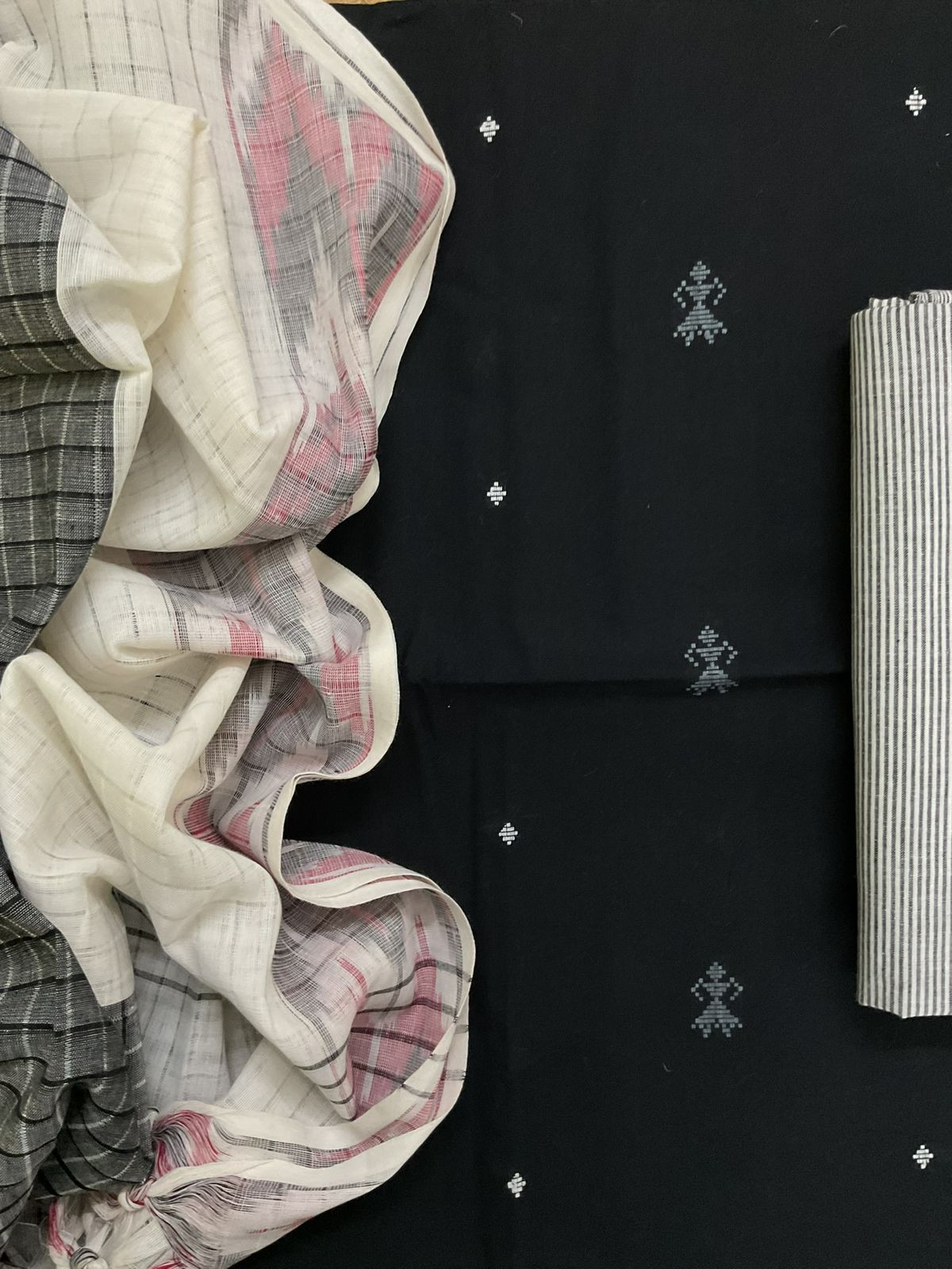 Pure Handloom Cotton Self Weaved Suit - Black