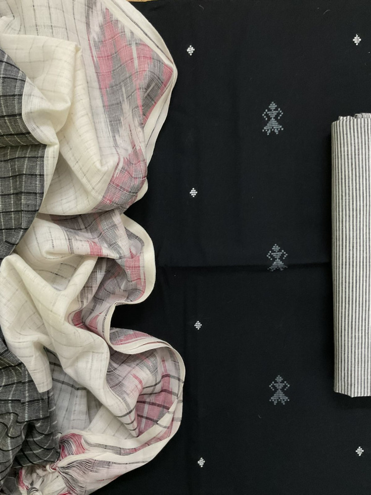 Image of Pure Handloom Cotton Self Weaved Suit - Black