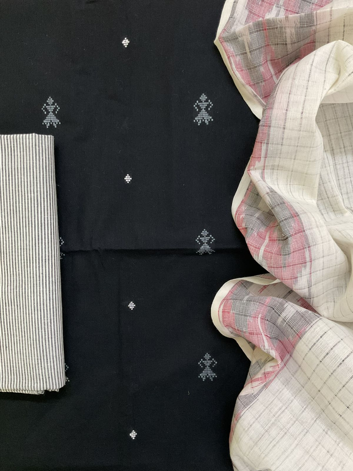 Pure Handloom Cotton Self Weaved Suit - Black