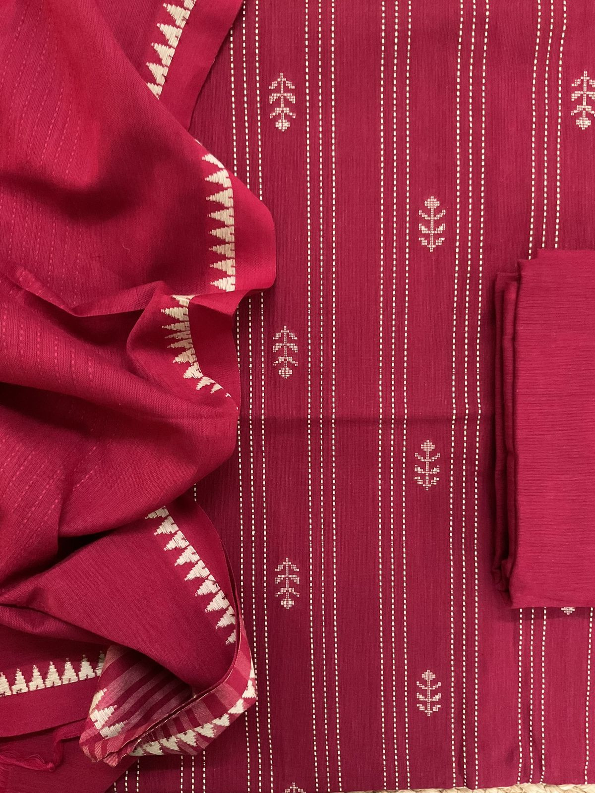 Pure Handloom Cotton Self Weaved Suit - Maroon