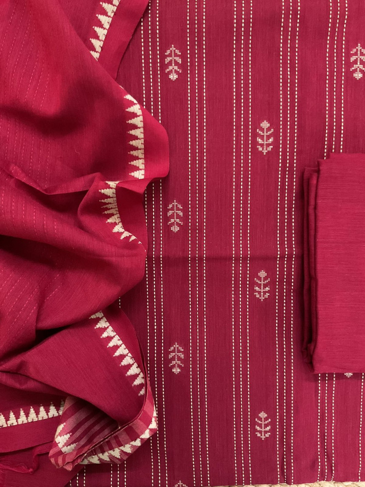 Image of Pure Handloom Cotton Self Weaved Suit - Maroon