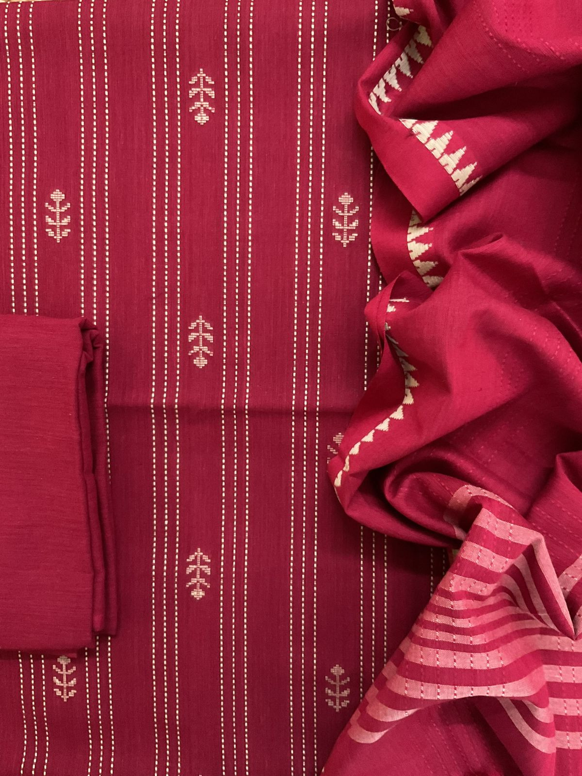 Pure Handloom Cotton Self Weaved Suit - Maroon