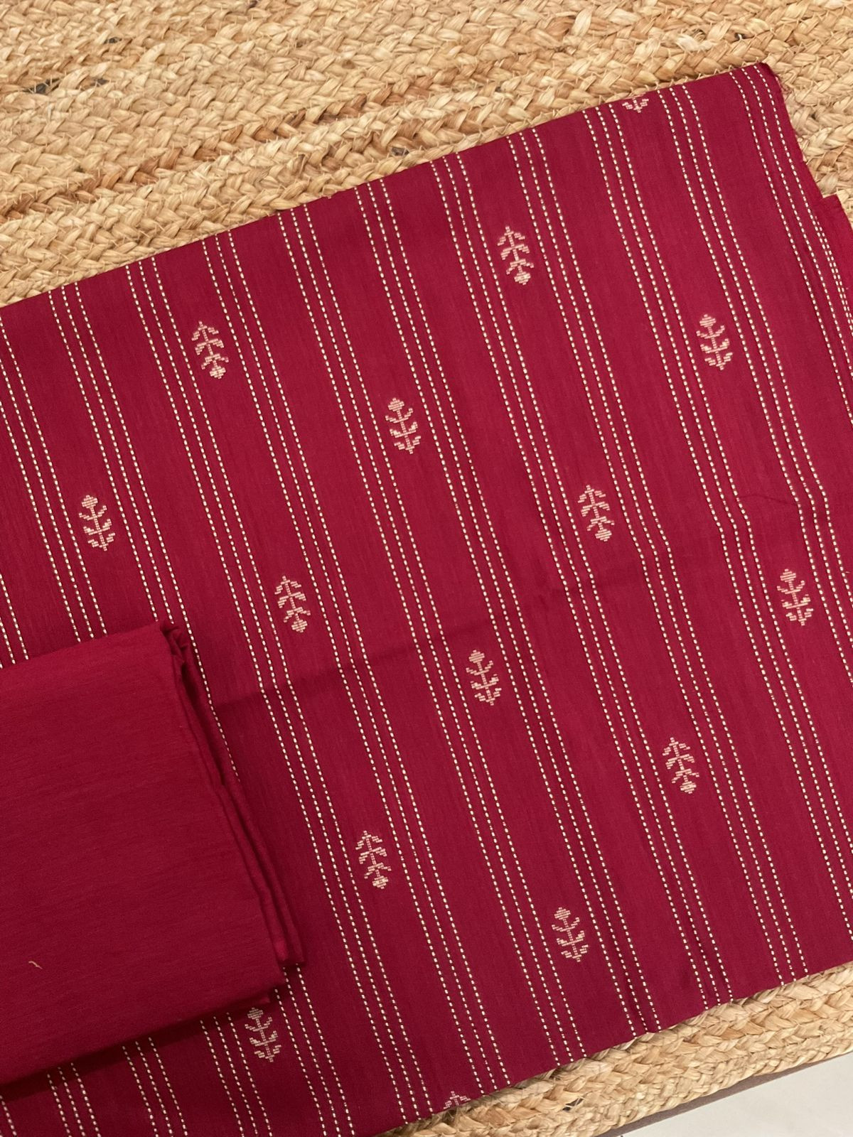 Pure Handloom Cotton Self Weaved Suit - Maroon