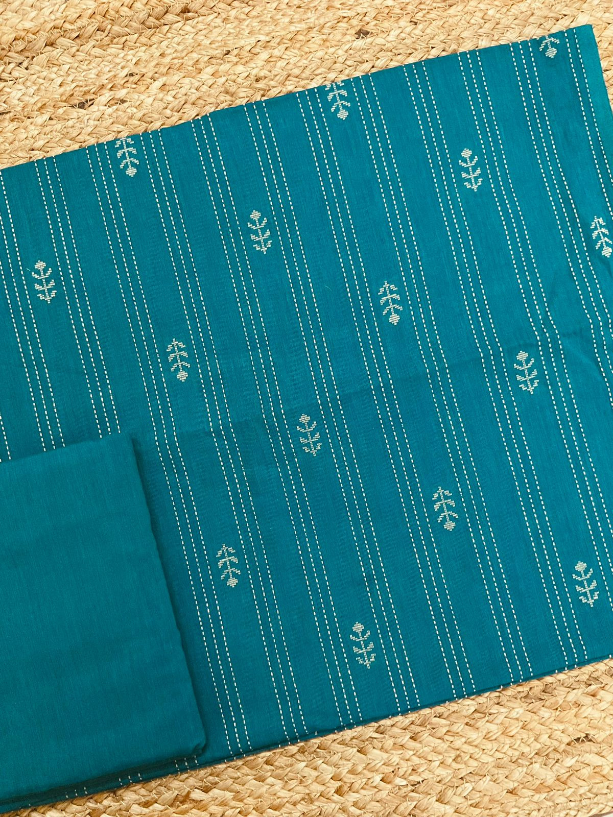 Pure Handloom Cotton Self Weaved Suit - Blue