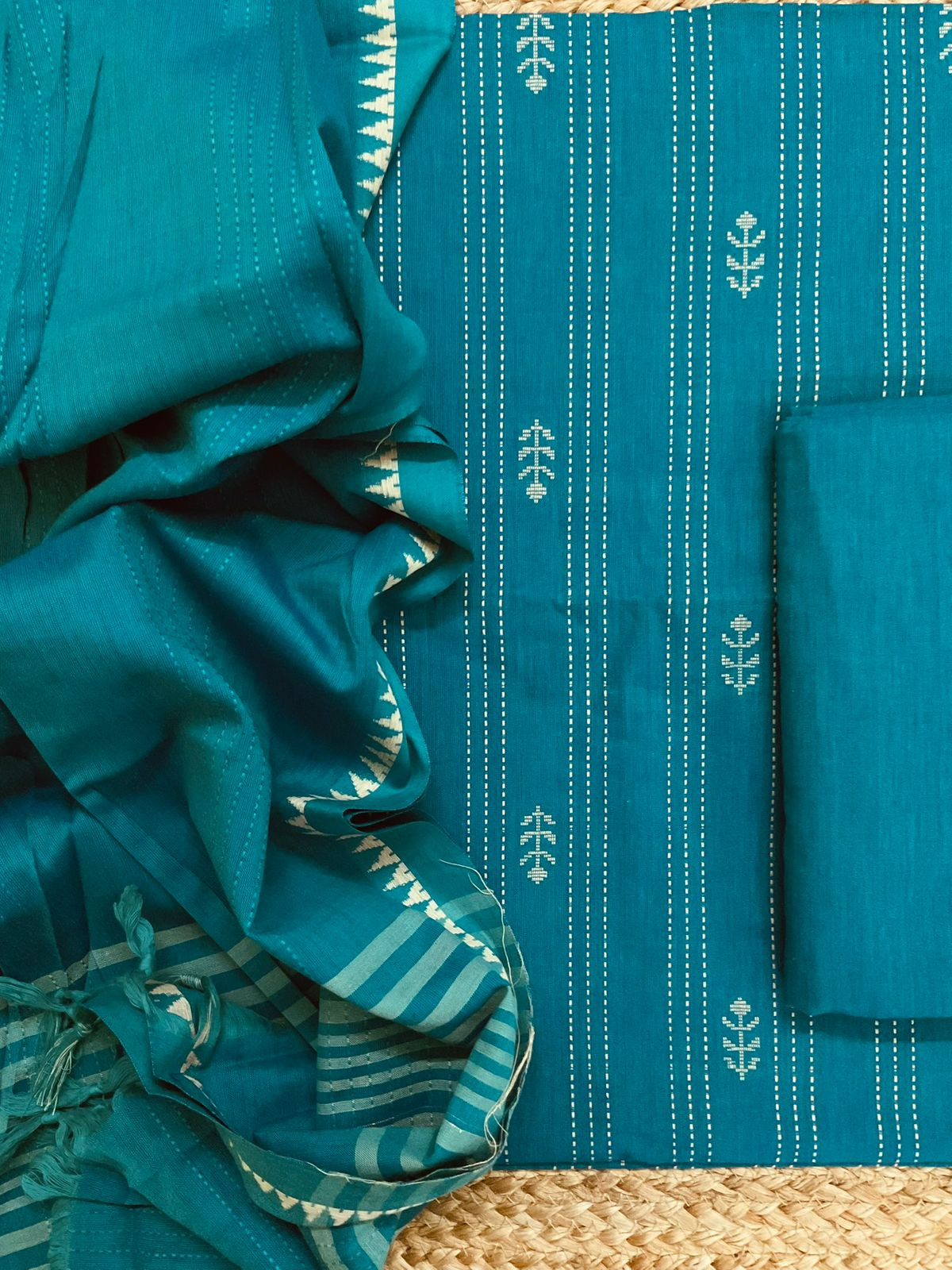 Pure Handloom Cotton Self Weaved Suit - Blue