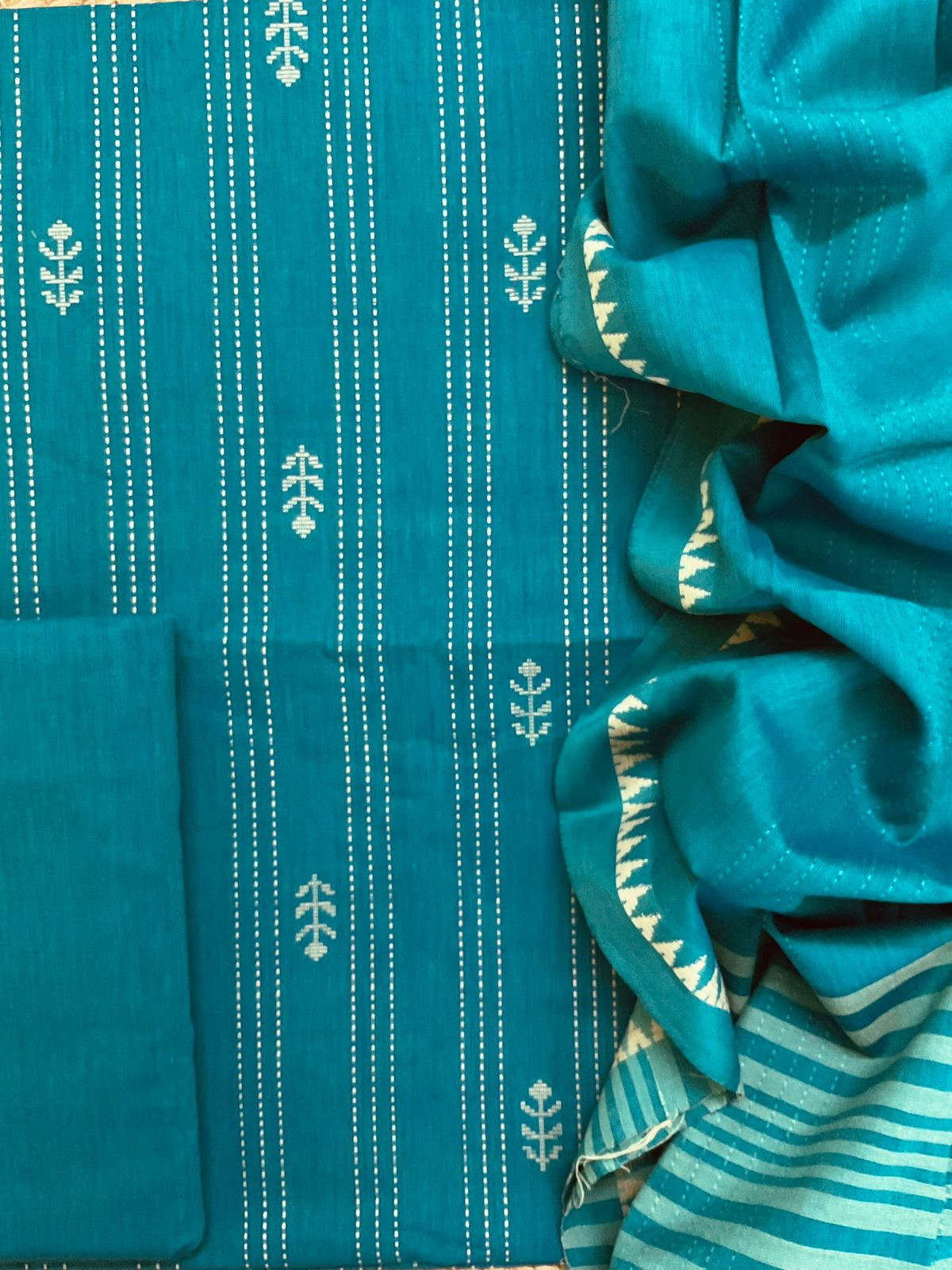 Pure Handloom Cotton Self Weaved Suit - Blue