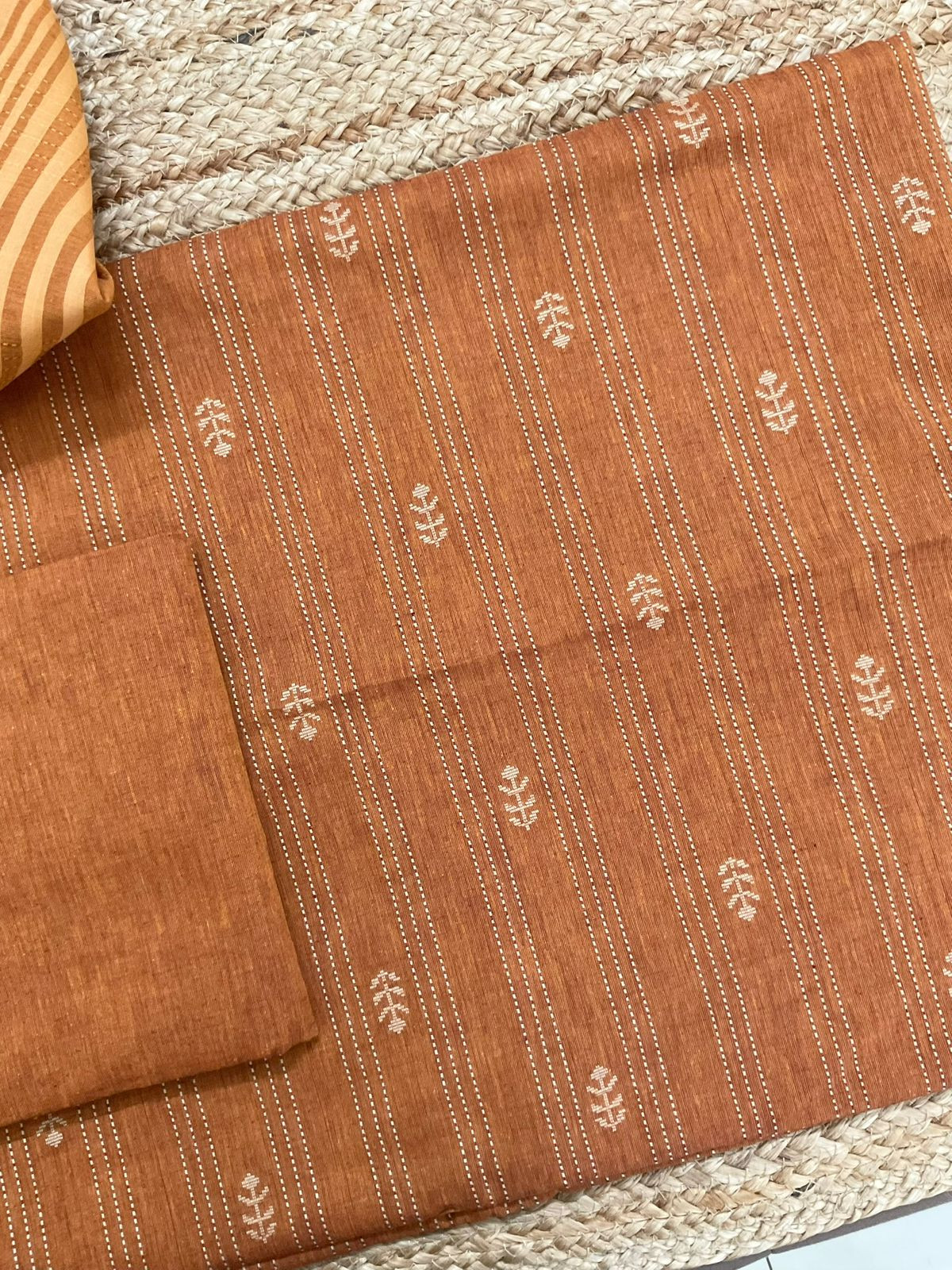 Pure Handloom Cotton Self Weaved Suit - Orange