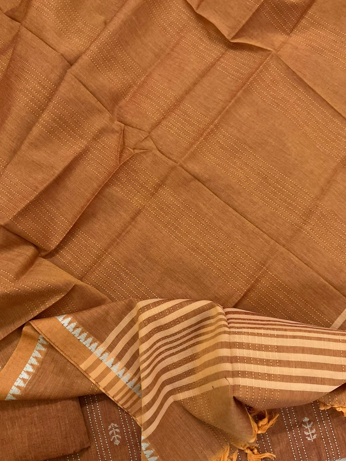Pure Handloom Cotton Self Weaved Suit - Orange