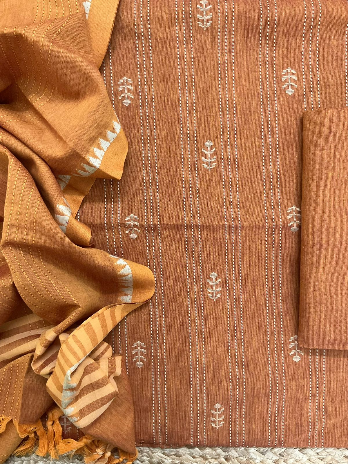 Pure Handloom Cotton Self Weaved Suit - Orange