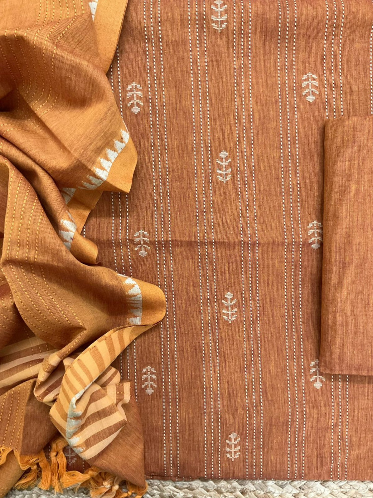 Image of Pure Handloom Cotton Self Weaved Suit - Orange