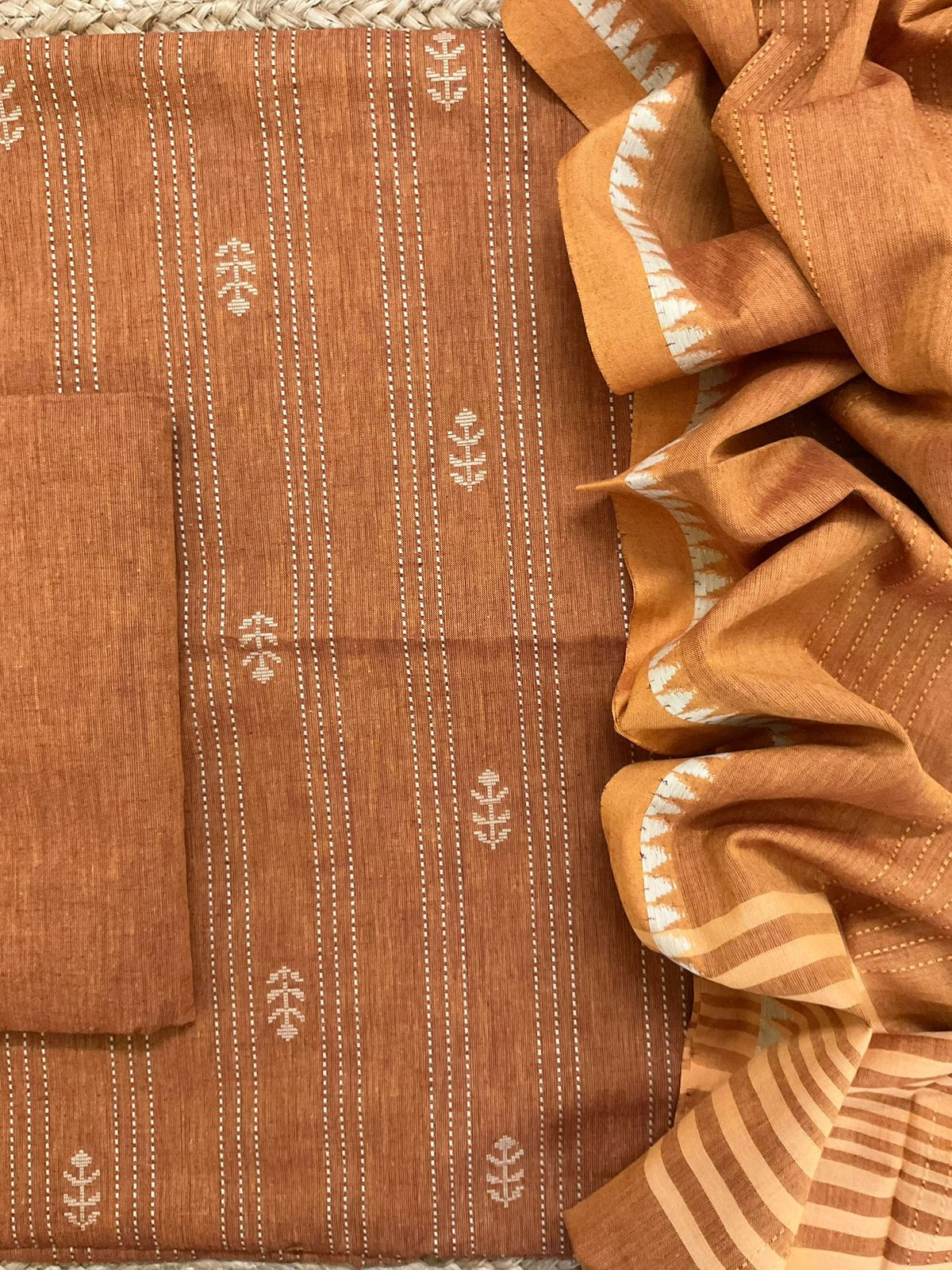 Pure Handloom Cotton Self Weaved Suit - Orange