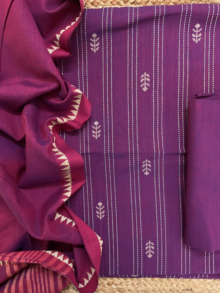 Image of Pure Handloom Cotton Self Weaved Suit - Wine