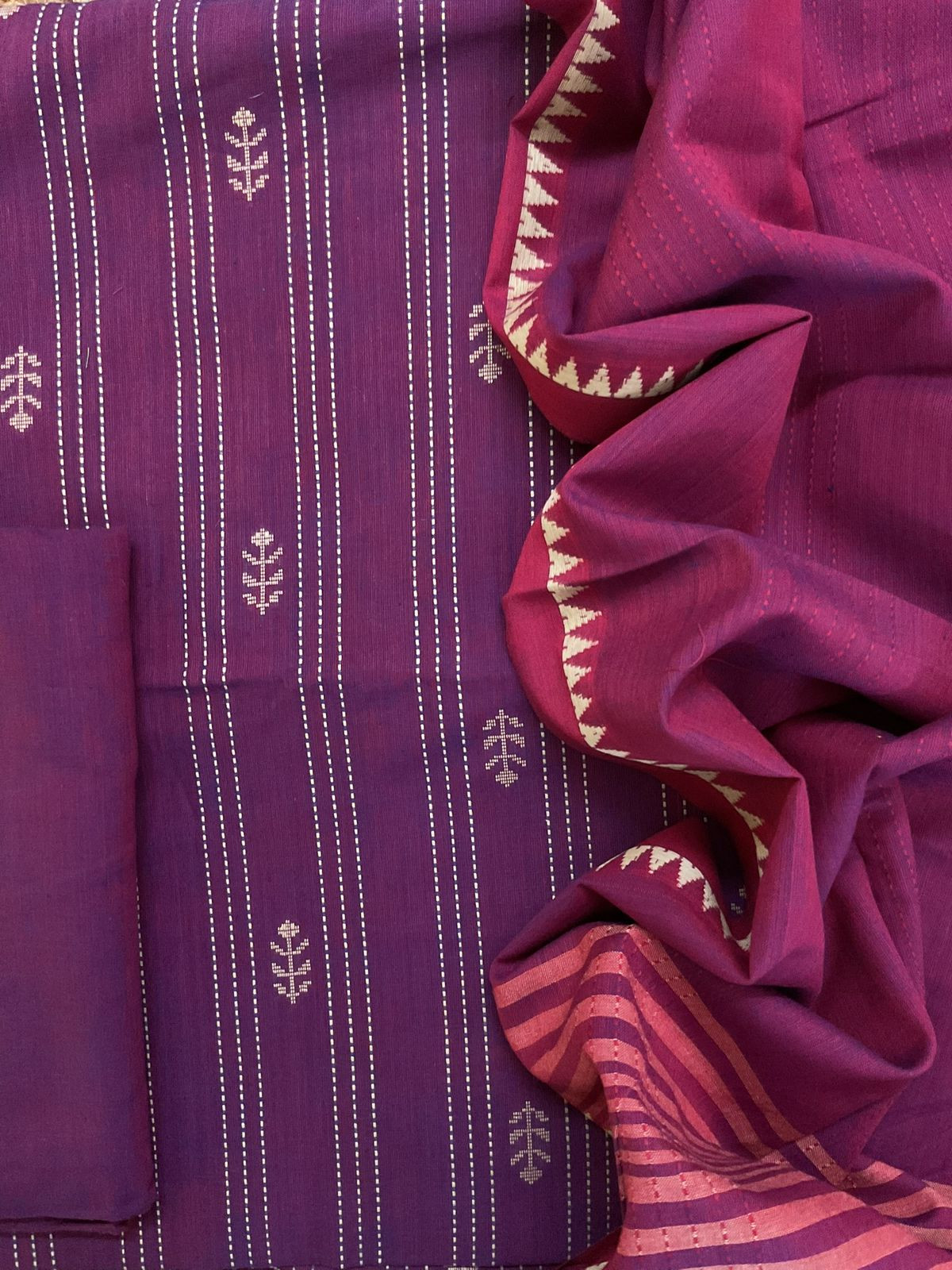 Pure Handloom Cotton Self Weaved Suit - Wine