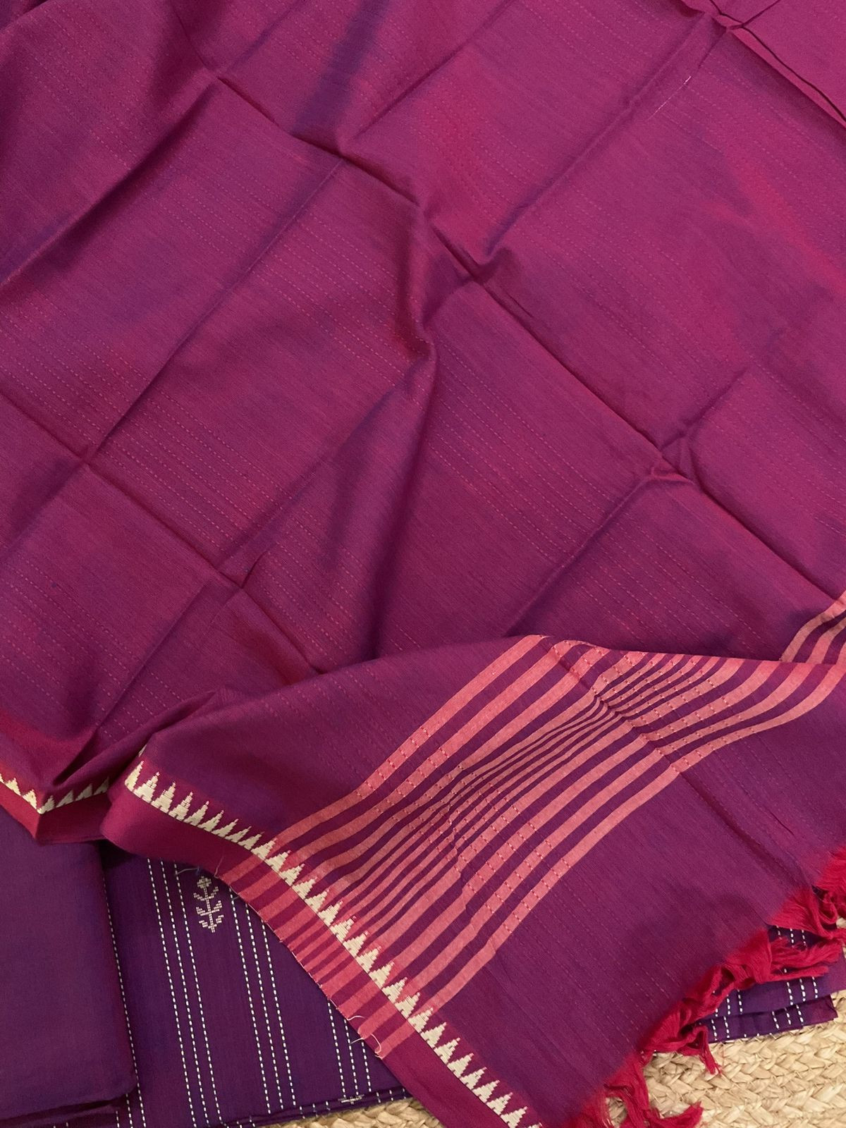 Pure Handloom Cotton Self Weaved Suit - Wine