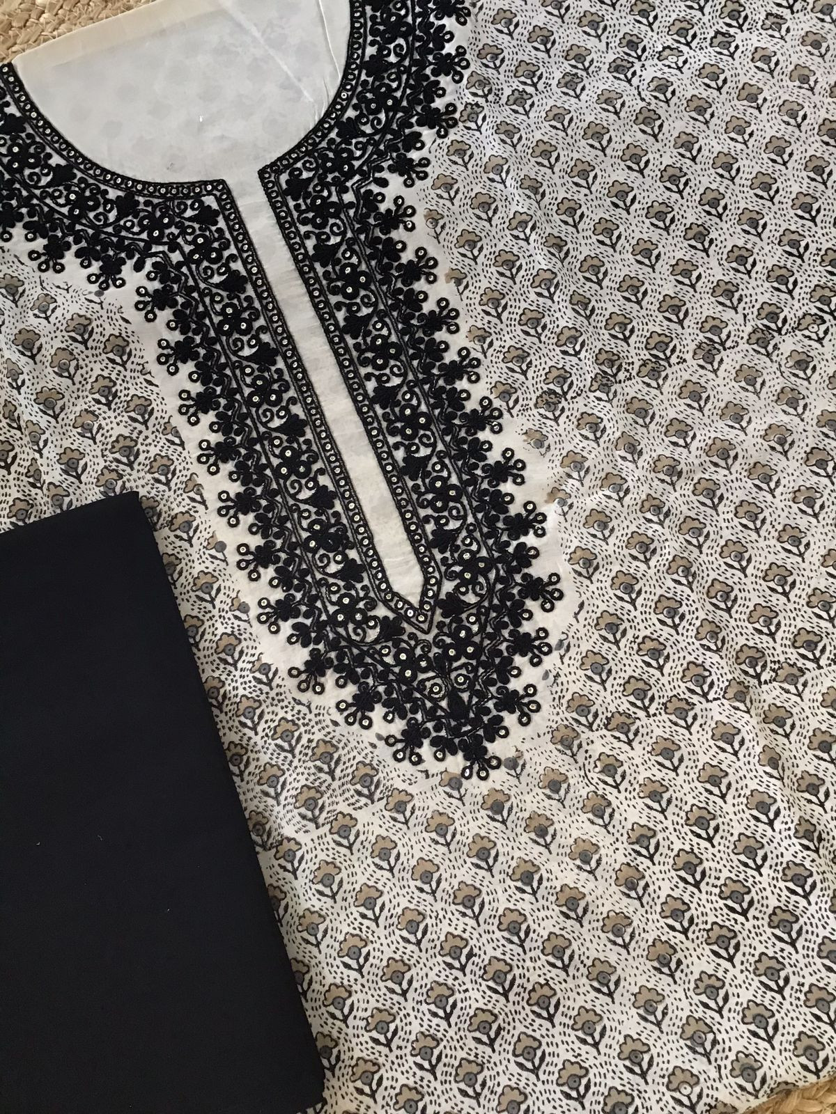 Pure Chanderi Block Printed Embroidered Suit - Beige