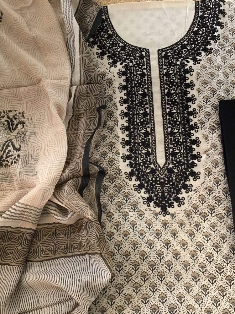 Image of Pure Chanderi Block Printed Embroidered Suit - Beige