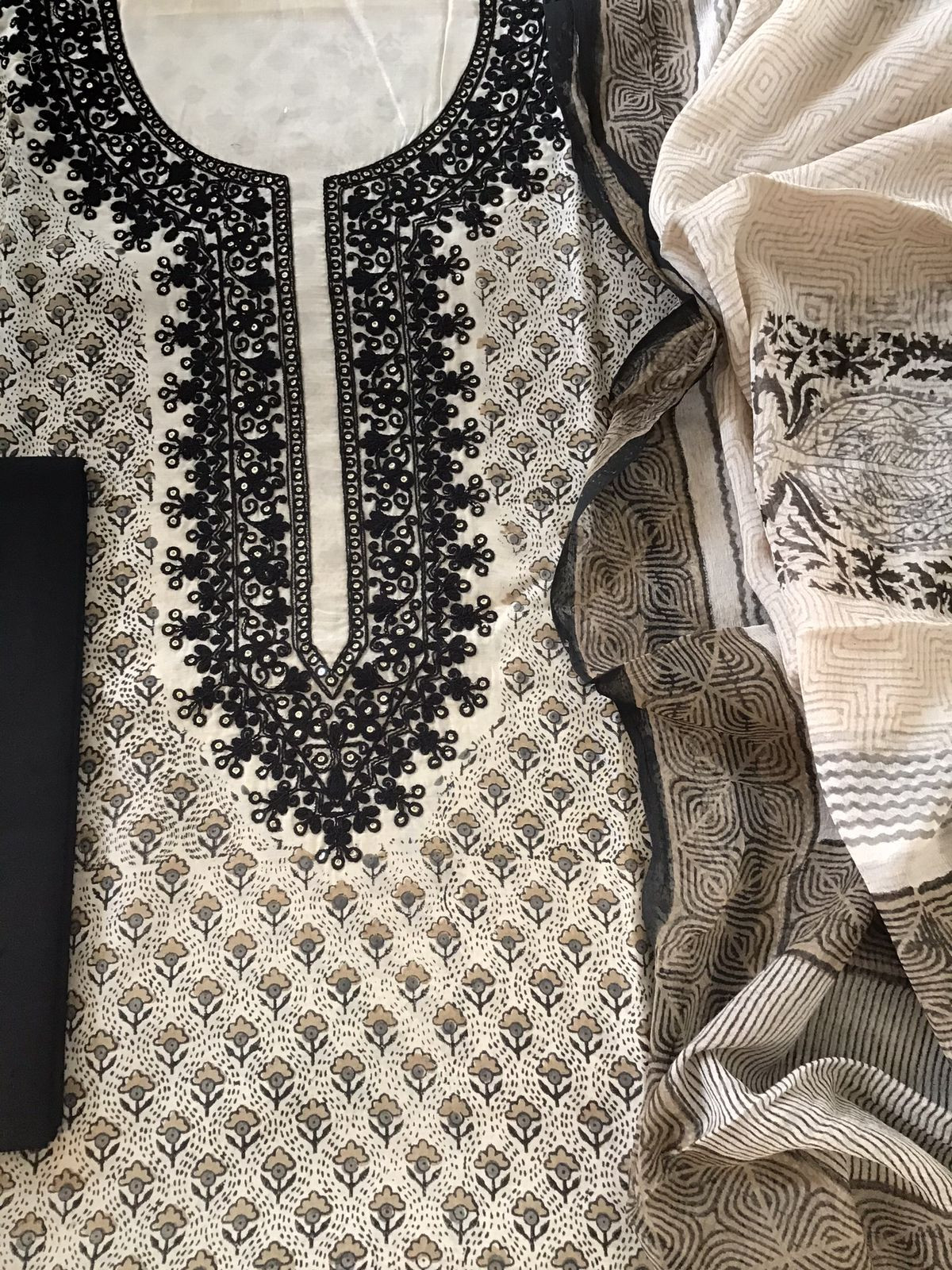 Pure Chanderi Block Printed Embroidered Suit - Beige