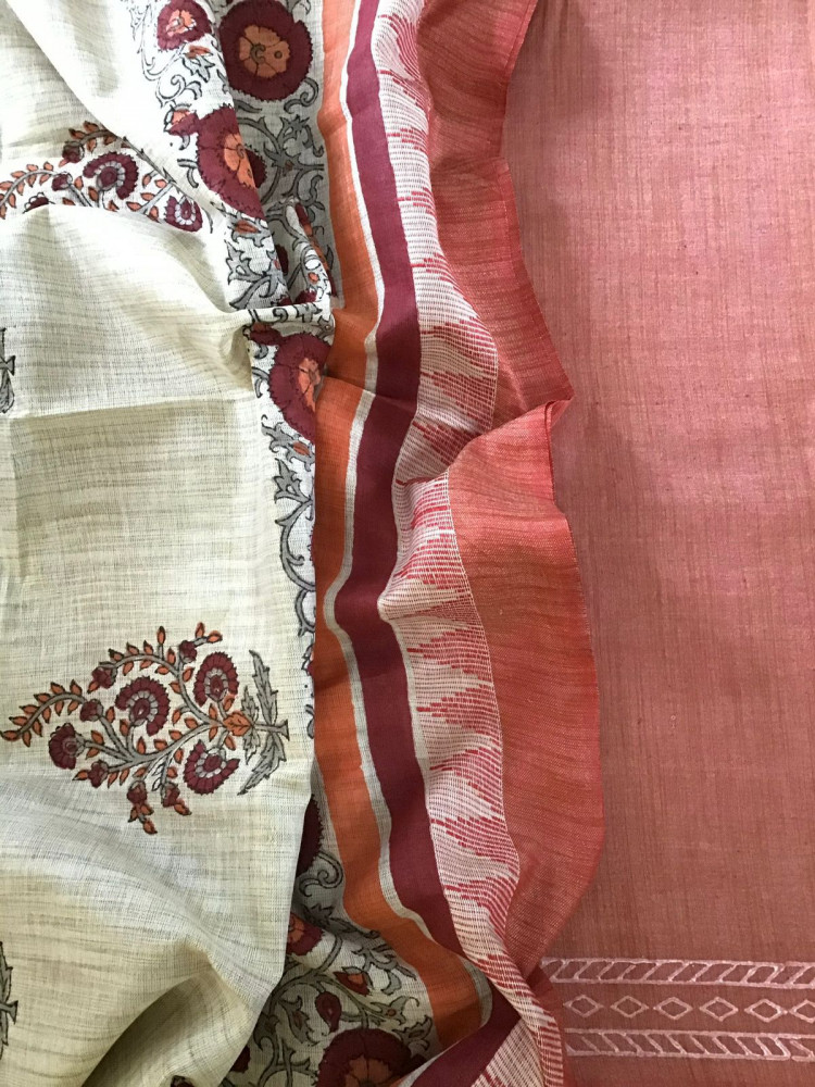 Image of Soft Khadi Silk Printed Suit - Peachish Brown