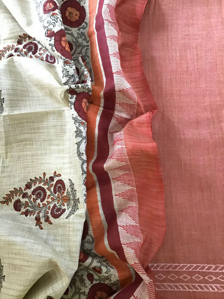 Image of Soft Khadi Silk Printed Suit - Peachish Brown