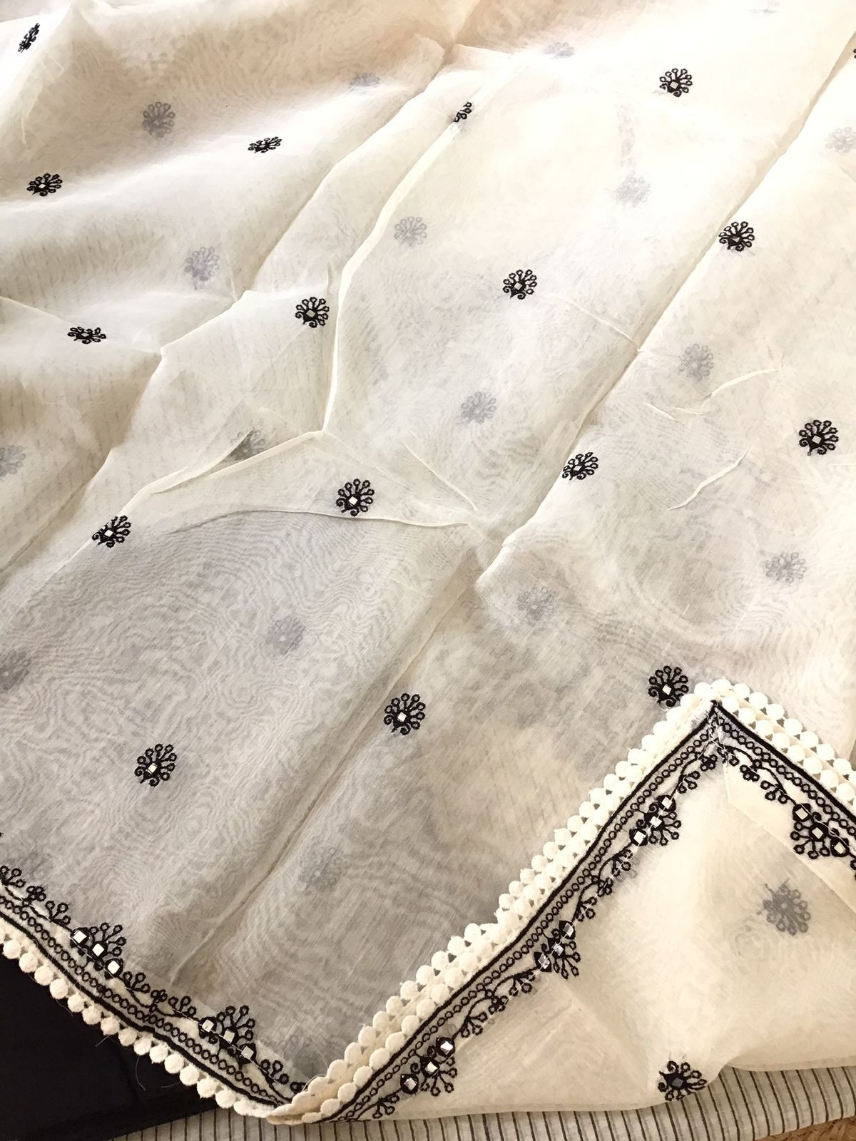 Pure Chanderi Block Printed Embroidered Suit - Off White