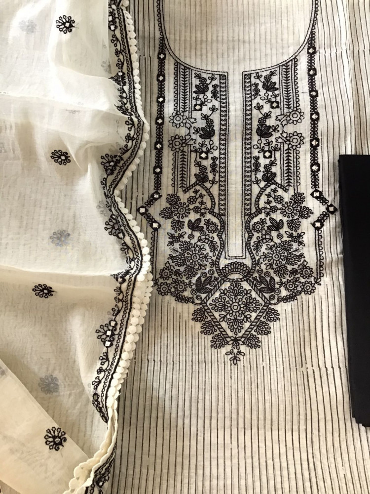 Image of Pure Chanderi Block Printed Embroidered Suit - Off White