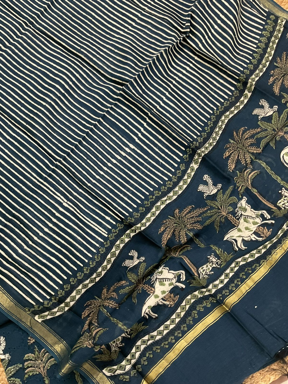 Pure Hakoba Cotton Printed Embroidered Suit - Blue