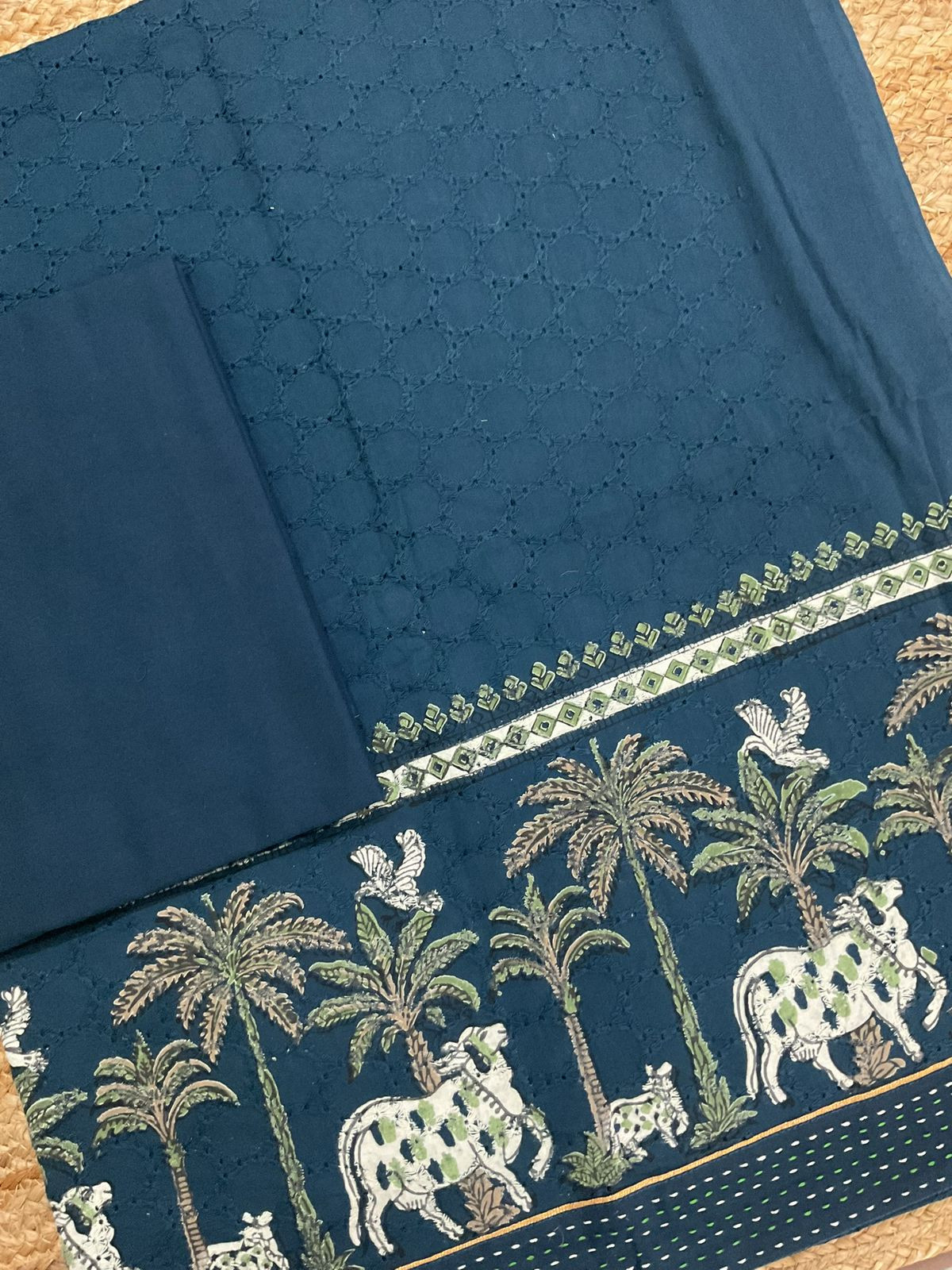 Pure Hakoba Cotton Printed Embroidered Suit - Blue