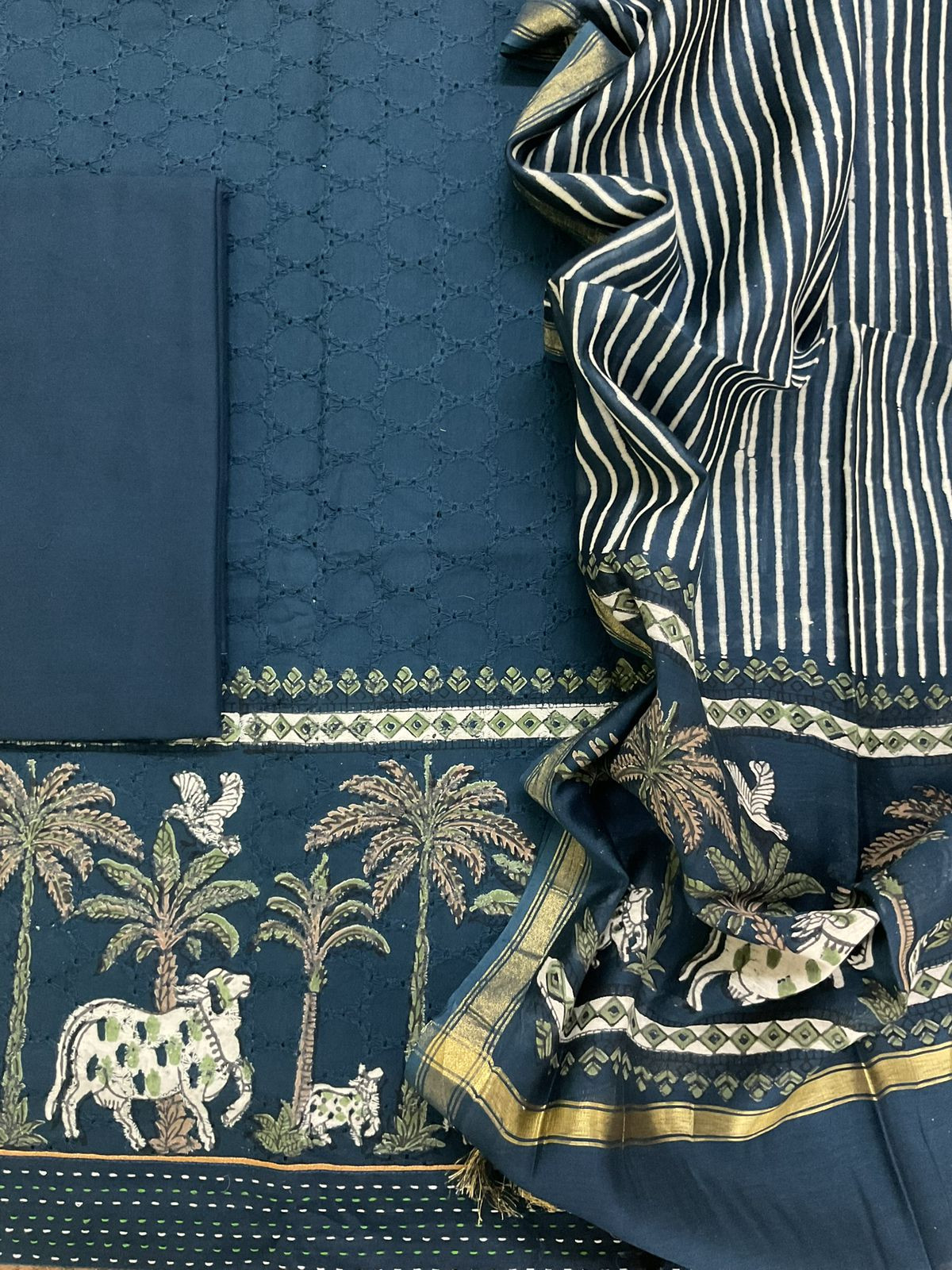 Pure Hakoba Cotton Printed Embroidered Suit - Blue