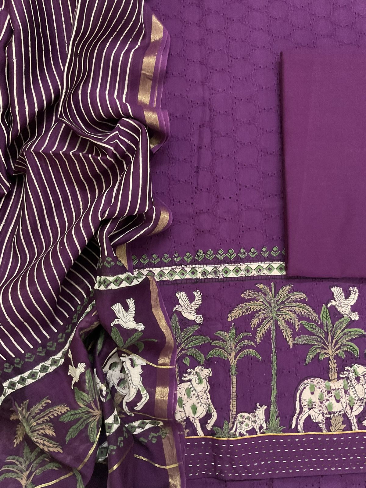 Pure Hakoba Cotton Printed Embroidered Suit - Wine