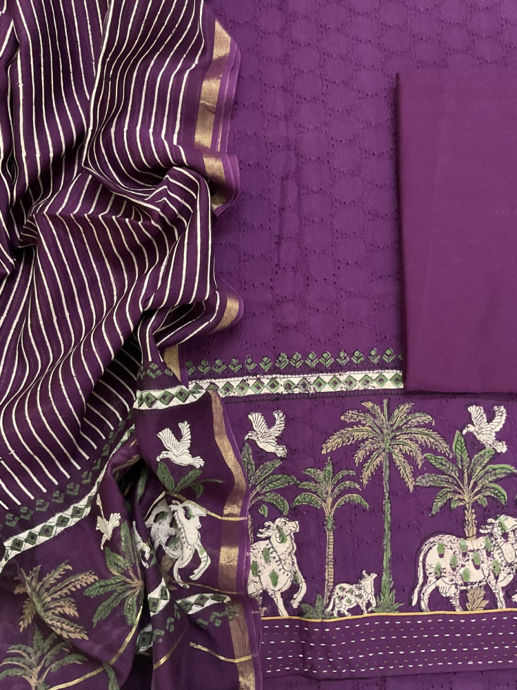 Image of Pure Hakoba Cotton Printed Embroidered Suit - Wine