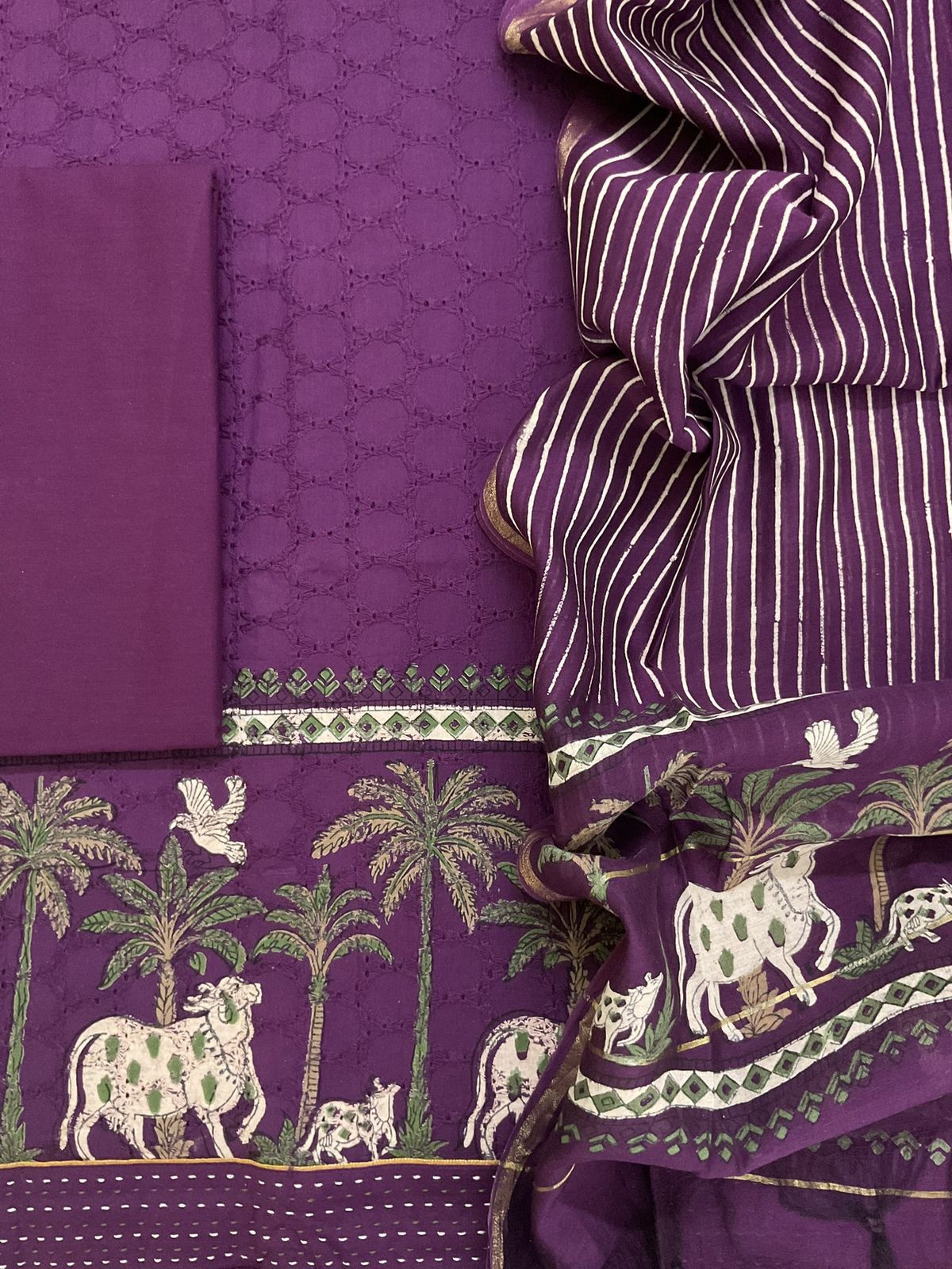 Pure Hakoba Cotton Printed Embroidered Suit - Wine