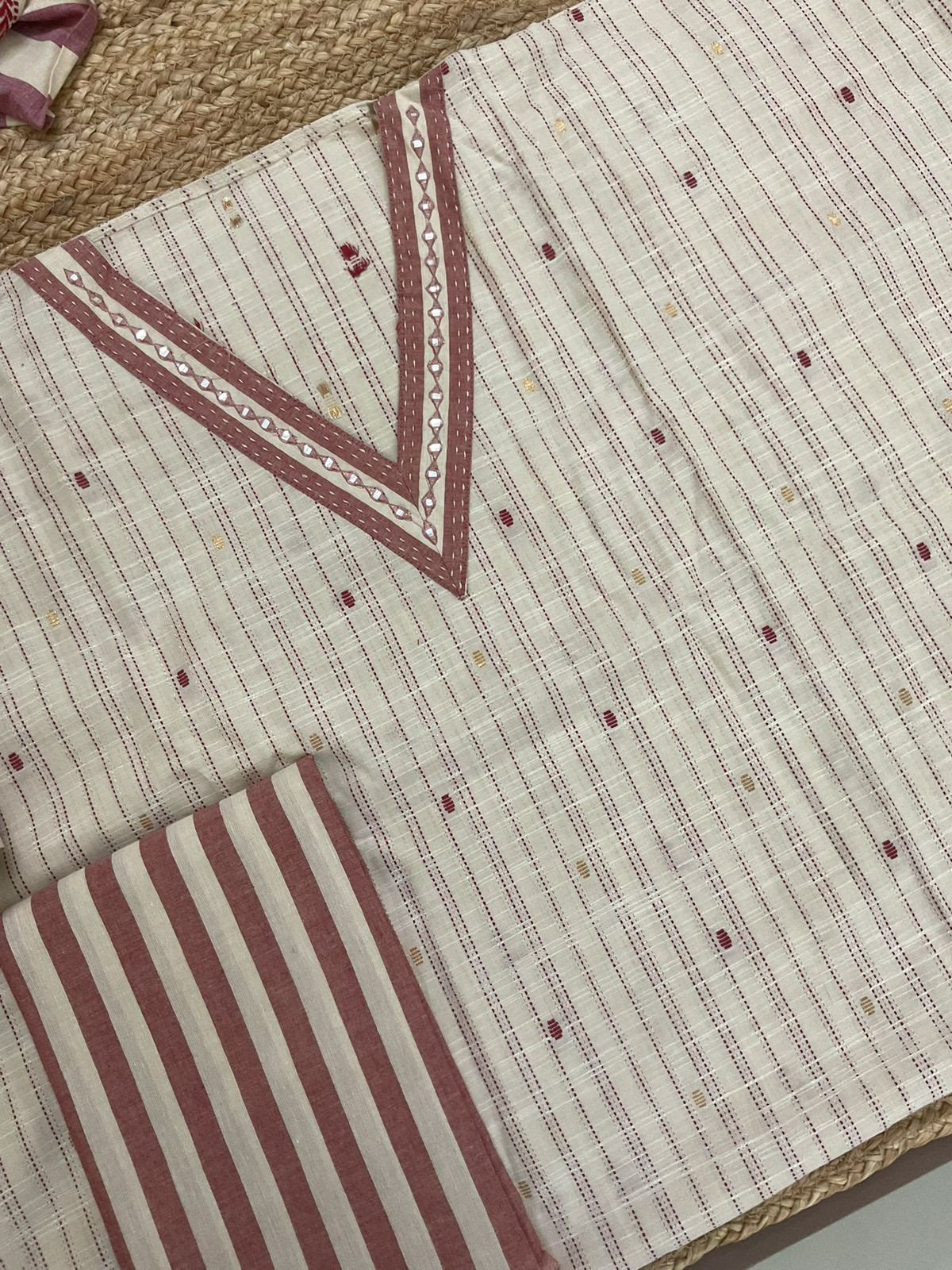 Pure Handloom Cotton Self Weaved Embroidered Suit - Beige