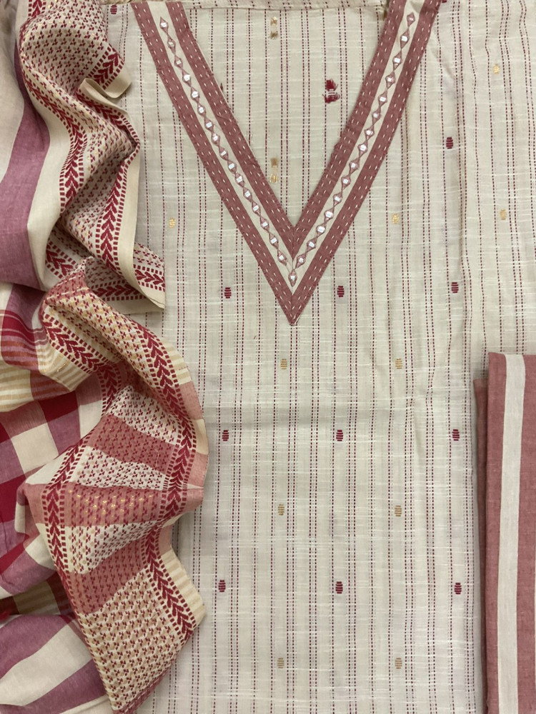 Image of Pure Handloom Cotton Self Weaved Embroidered Suit - Beige